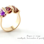 bague or rose, , améthyste, gernat et quartz rutile