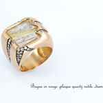bague or rouge, plaque quartz rutile et diamants