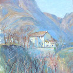 Case sopra Griante (Como) 19x25, olio su compensato 1945 con dedica a Piera Pezzoli