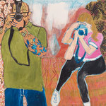 Eva Hradil "Freunde als Paparazzi" 2023, Eitempera auf Halbkreidegrund auf Leinwand, 110 x 130 cm