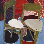 SOLD Eva Hradil "Zwei Sessel mit Muster" 2017 Eitempera auf Halbkreidegrund auf Leinwand, 130 x 110 cm