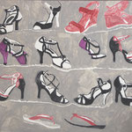 SOLD Eva Hradil "Female Shoes Do Appear" 2015, Eitempera auf Halbkreidegrund auf Leinwand, 80 x 90 cm