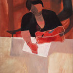 Eva Hradil "Konzertriert schreiben" 2005, Eitempera auf Leinwand, 90 x 80 cm