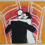 Eva Hradil "Umarmung Gelb Rot" 2024, Eitempera auf Halbkreidegrund auf Leinwand, 30 x 33 cm