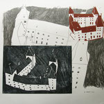 Eva Hradil "Schloss Orth" 2013, Holzschnitt und Bleistift auf Papier, 50 x 60 cm