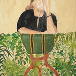 Eva Hradil "Hannah und der Biedermeier und Pflanzen" 2023, Eitempera auf Halbkreidegrund auf Leinwand, 110 x 90 cm