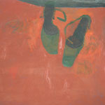 SOLD Eva Hradil "Grüne Schuhe auf rot" Öl auf Leinwand, 80 x 90 cm
