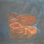 Eva Hradil "Arbeitsschuhe im Atelier" 2002, Öl auf Leiwand, 50 x 60 (schadhaft)
