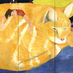Eva Hradil "PET S" 2022, Eitempera auf Halbkreidegrund auf Leinwand, 200 x 300 cm, Triptychon