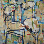 Eva Hradil "Analog Posting & Sessel" 2018/2023, Eitempera auf Collage auf Molino, 130 x 150cm