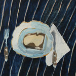 SOLD Eva Hradil "Butterbrot und Goldrandteller" 2018, Eitempara auf Halbkreidegrund auf Leinwand, 45 x 50 cm