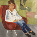 SOLD Eva Hradil "lesende Frau" 2021, Eitempera auf Halbkreidegrund auf LW, 80 x 90 cm