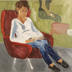 SOLD Eva Hradil "lesende Frau" 2021, Eitempera auf Halbkreidegrund auf LW, 80 x 90 cm