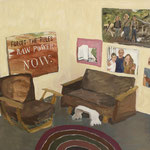 SOLD Eva Hradil "Cosy Corner / Familienbild" 2018, Eitempera auf Halbkreidegrund auf Leinwand, 80 x 90 cm