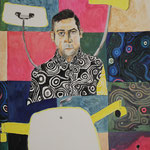 SOLD Eva Hradil "Woj und der Sonnensessel" 2022, Eitempera auf Halbkreidegrund auf Leinwand, 110 x 90 cm
