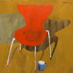 SOLD Eva Hradil "Roter Sessel mit Schatten" Pigemente und Arcylbinder auf Leinwand, 80 x 90 cm; ARTOTHEK KREMS