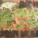 Eva Hradil "Landschafts-Brot" 2017/23, Eitempera auf Collage auf Molino, 45 x 50 cm