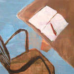 SOLD Eva Hradil "hautfarbenes Tischbein" Eitempera auf Halbkreidegrund auf Leinwand, 80 x 90 cm