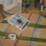 SOLD Eva Hradil "Zeitung und Kaffeeheferl" 1999 Öl auf Leinwand 50 x 60 cm