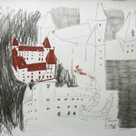 Eva Hradil, Schloss Orth an der Donau, Zeichnung und Holzschnitt, 50 x 60 cm