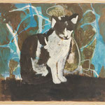 Eva Hradil "Smoking Cat" 2024, Eitempera auf Collage auf Molino, 45 x 50 cm