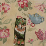 Eva Hradil "Omas Kanne, Tischdecke und Landkarte" 2026 Eitempera auf LW, 45 x 50 cm