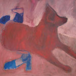 SOLD Eva Hradil  "Hund und Schuhe" Öl auf Leinwand, 70 x 70 cm