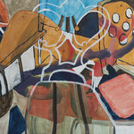 Eva Hradil "Sessel-Ratatoille", 2022, Eitempera auf Halbkreidegrund auf Leiwand, 80 x 90 cm