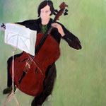 SOLD Eva Hradil "Maria (Bussmann) und ihr Cello", 2007, Öl und Eitempera auf Leinwand, 140 x 130 cm