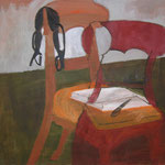 SOLD Eva Hradil "Buch, Stift, BH" Öl auf Leinwand 80 x 90 cm