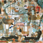 Eva Hradil "Postfluss" Eitempera und Papier auf Halbkreidegrund auf Leinwand 110 x 130 cm