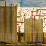 SOLD Eva Hradil "Zwei mit Linien" Eitempera und Textil auf Molino, 110 x 130 cm