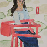 Eva Hradil "Elsa und der weitgereiste Hocker" 2022, Eitempera auf Halbkreidegrund auf Leinwand, 110 x 90 cm