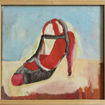 SOLD Eva Hradil "Katjas Schuh I" 2024, Eitempera auf Halbkreidegrund auf Leinwand, 30 x 33 cm