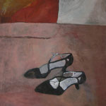 SOLD Eva Hradil "Tanzschuhe auf rosa" Öl auf Leinwand 90 x 80 cm