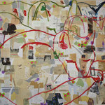 Eva Hradil "Analog Posting & Katze" 2018/2023, Eitempera auf Collage auf Molino, 130 x 150cm