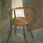 SOLD Eva Hradil "Werkstattsessel (Philipps Sessel)", Öl auf Leinwand, 90 x 80 cm