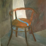 SOLD Eva Hradil "Werkstattsessel (Philipps Sessel)", Öl auf Leinwand, 90 x 80 cm