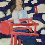 Eva Hradil "Elsa und der weitgereiste Hocker" 2022/26 Eitempera auf Halbkreidegrund auf Lw 110 x 90 cm