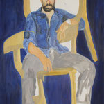 Eva Hradil "Petre und der Kunststoffsessel" 2022, Eitempera auf Halbkreidegrund auf Leinwand, 110 x 90 cm