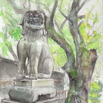 水彩画　久留米水天宮の狛犬