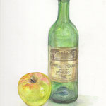 水彩画　ワインのびんとりんご