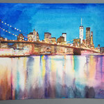 "New York. La nuit électrique". Papier aquarelle Clairefontaine grain torchon 36x24 cm, 300 g/m2