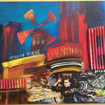 Les nuits parisiennes. Moulin Rouge. Mix media: peinture acrylique et collage sur carton entoilé 30x24cm; 11.8 in X 9.4 in.