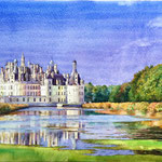 Château de Chambord. Châteaux de La Loire. Aquarelle originale 30x40 cm.