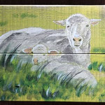 Acrylbild auf Palettenbrettern mit Schaf und Lamm
