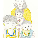 Ma famille タイムスリップした家族の絵。初めて日本へ来た米国人の友人はBigHead!と国際差別を吐いた。相当、驚いたらしい、子どもの頭に…。