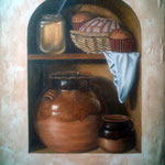 Bodegón, olla con panes, óleo sobre tela, 60 X 45 cm.