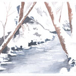 Aquarellskizze "Bachlauf im Schnee": Bach im Schnee mit Baumstämmen gesäumt