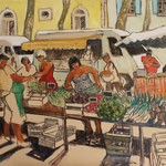 40- Saint-Chinian, le marché, Technique mixte (fusain, pastel, huile), format 73 cm x 92 cm, prix : 1100 €